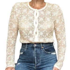 NEW Vintage Ivory Silky Crochet Floral See Through Cardigan Sweater Top
